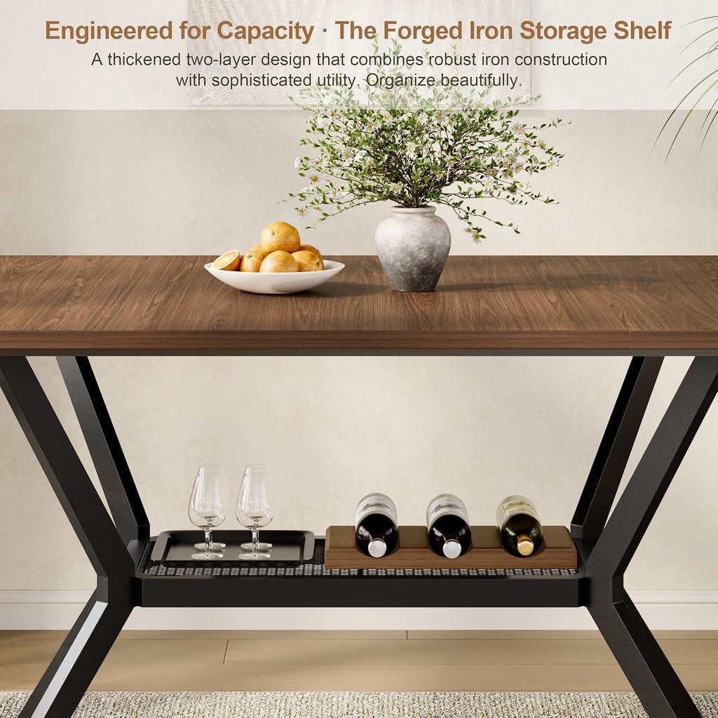 55 inch Dining Table for 4-6, Rectangle Kitchen Table with Storage Shelf, Space Saving Modern Farmhouse Design with Sturdy Metal Legs for Dining Room & Small Apartments