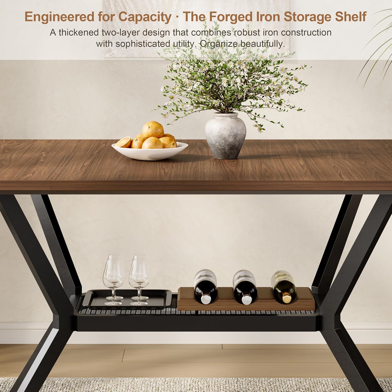 55 inch Dining Table for 4-6, Rectangle Kitchen Table with Storage Shelf, Space Saving Modern Farmhouse Design with Sturdy Metal Legs for Dining Room & Small Apartments