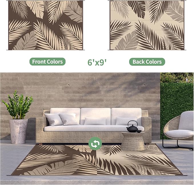 GENIMO Outdoor Rug 6' x 9' Waterproof for Patios Clearance, Reversible Outdoor Plastic Straw Camping Rug Carpet, Large Area Rugs Mats for RV, Camper, Deck, Balcony, Porch, Beach, Picnic, Coffee&Beige