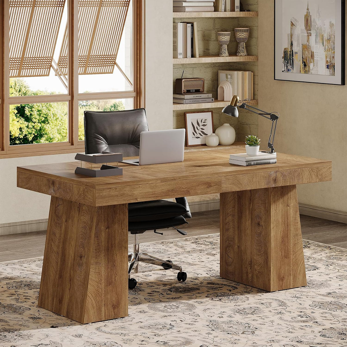 Tribesigns 55" Executive Desk, Wooden Office Desk with Double Pedestal, Modern Computer Writing Table for Home Office, Light Brown