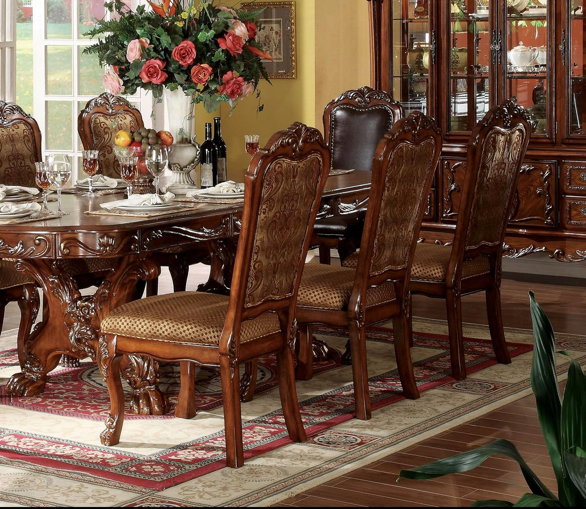 Traditional Kitchen Furniture Set 9pc Formal Dining Table Set Include 1 Extendable Pedestal Table and 8 Upholstered Chairs, 8-Person Solid Wood Extendable Dining Set (Cherry A)