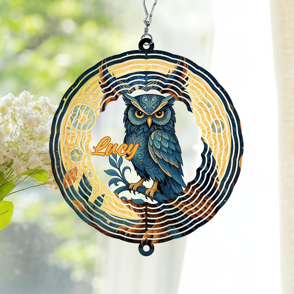 Personalized Owl Wind Spinner 3D Stainless Steel, Owl Garden Spinner Hanging Outdoor Decor, Wind Spinners Outdoor, Custom Gift for Grandmother, Mom, Wife