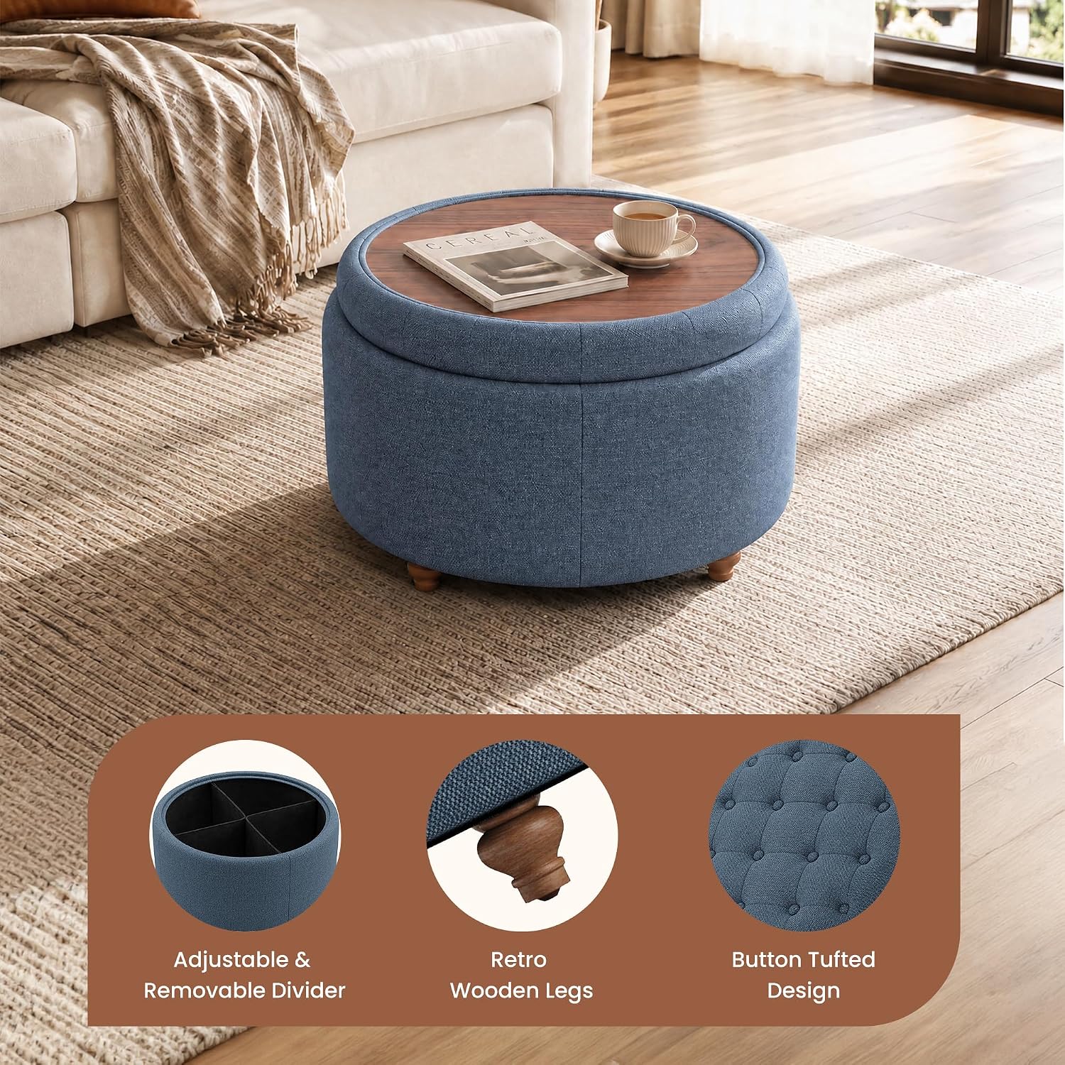 25" Round Ottoman with Storage, Small Coffee Table with Reversible Tray Lid | Tufted Fabric Round Storage Ottoman with Solid Wood Legs, 3-in-1 Footrest for Living Room, Bedroom, Entryway, Blue