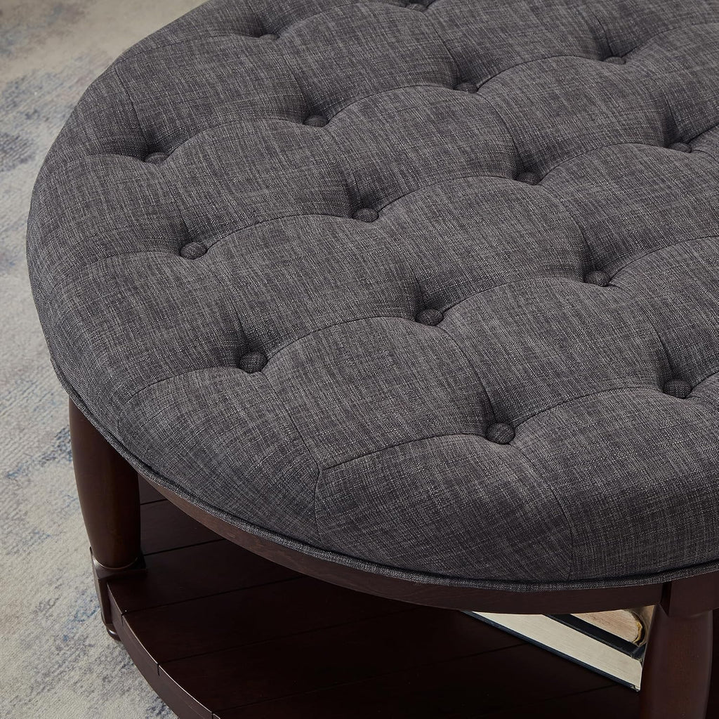 RENSGO 32.5" Large Round Upholstered Tufted Linen Ottoman Coffee Table, Large Footrest Ottoman with Wood Shelf Storage- Dark Grey