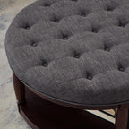 RENSGO 32.5" Large Round Upholstered Tufted Linen Ottoman Coffee Table, Large Footrest Ottoman with Wood Shelf Storage- Dark Grey