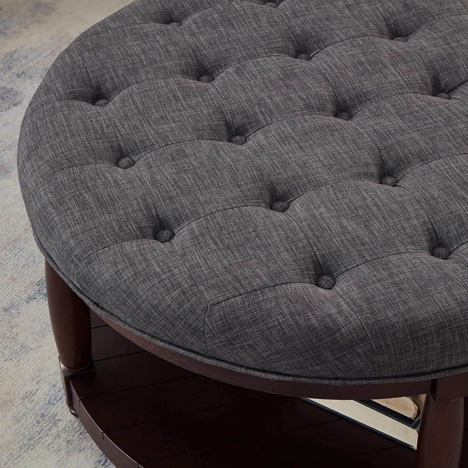 RENSGO 32.5" Large Round Upholstered Tufted Linen Ottoman Coffee Table, Large Footrest Ottoman with Wood Shelf Storage- Dark Grey