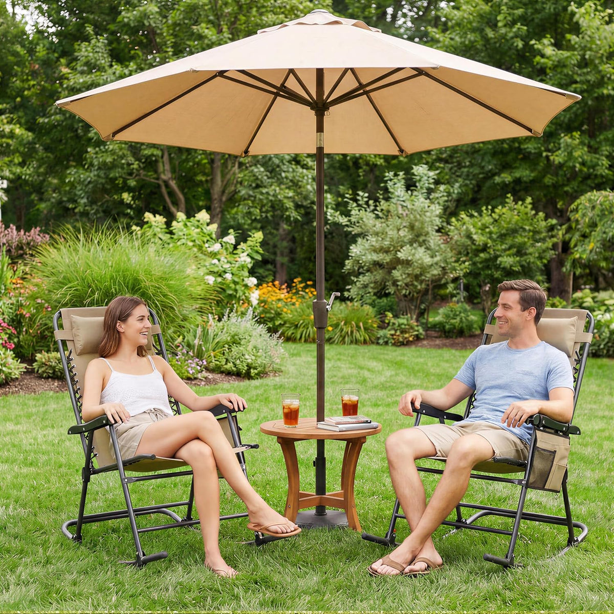 Yaheetech Patio Rocking Chair Folding Camping Chair with Pocket, Beige | Folding rocking recliner with smooth zero-gravity recline, ergonomic design with pillow. Great for patio, lawn & camping.