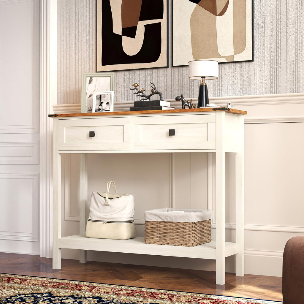 Knocbel Small Console Table with 2 Drawers with Metal Handles, Farmhouse Side Tables with Brown Woodgrain Top and Bottom Shelf for Entryway Living Room, 39.37" W x 11.61" D x 32.08" H, Antique White
