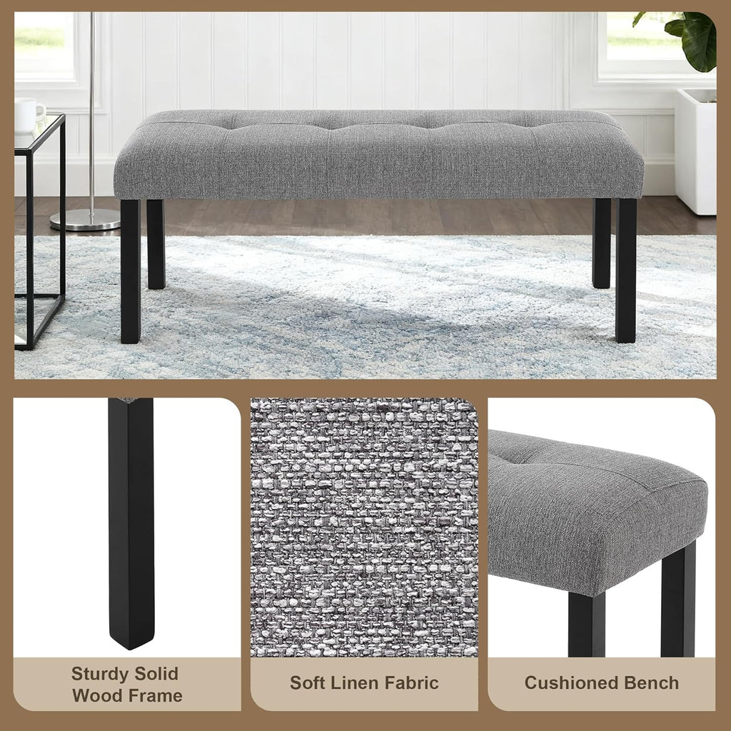 GDFStudio Upholstered Dining Bench with Tufted Linen Seat and Rubber Wood Frame, Modern Entryway Bench Seating for Kitchen Bedroom Living Room, Comfortable Padded Bench, Gray
