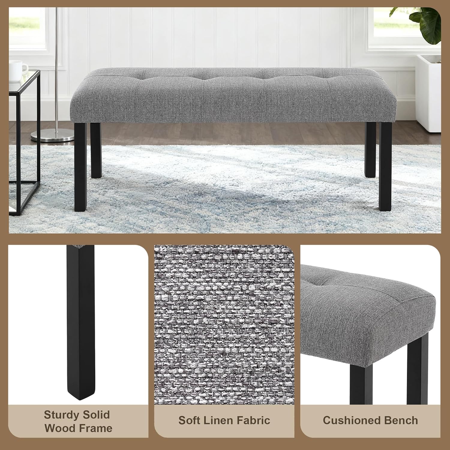 GDFStudio Upholstered Dining Bench with Tufted Linen Seat and Rubber Wood Frame, Modern Entryway Bench Seating for Kitchen Bedroom Living Room, Comfortable Padded Bench, Gray