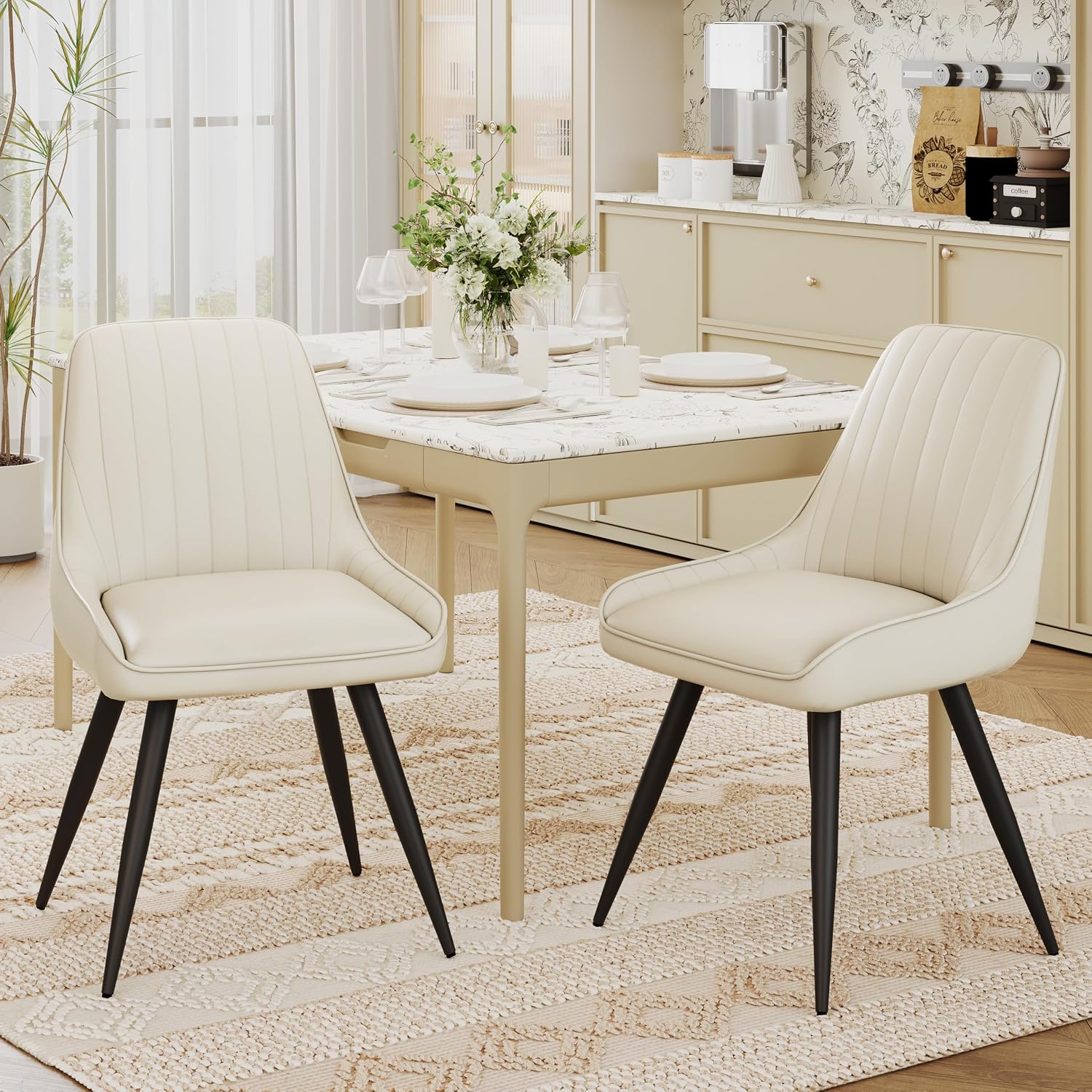 Alunaune Modern Dining Chairs Set of 6, Mid Century Upholstered Kitchen Chairs Anti Scratch Armless Leisure Accent Chair, Living Room Faux Leather Desk Side Chair with Metal Legs-Beige