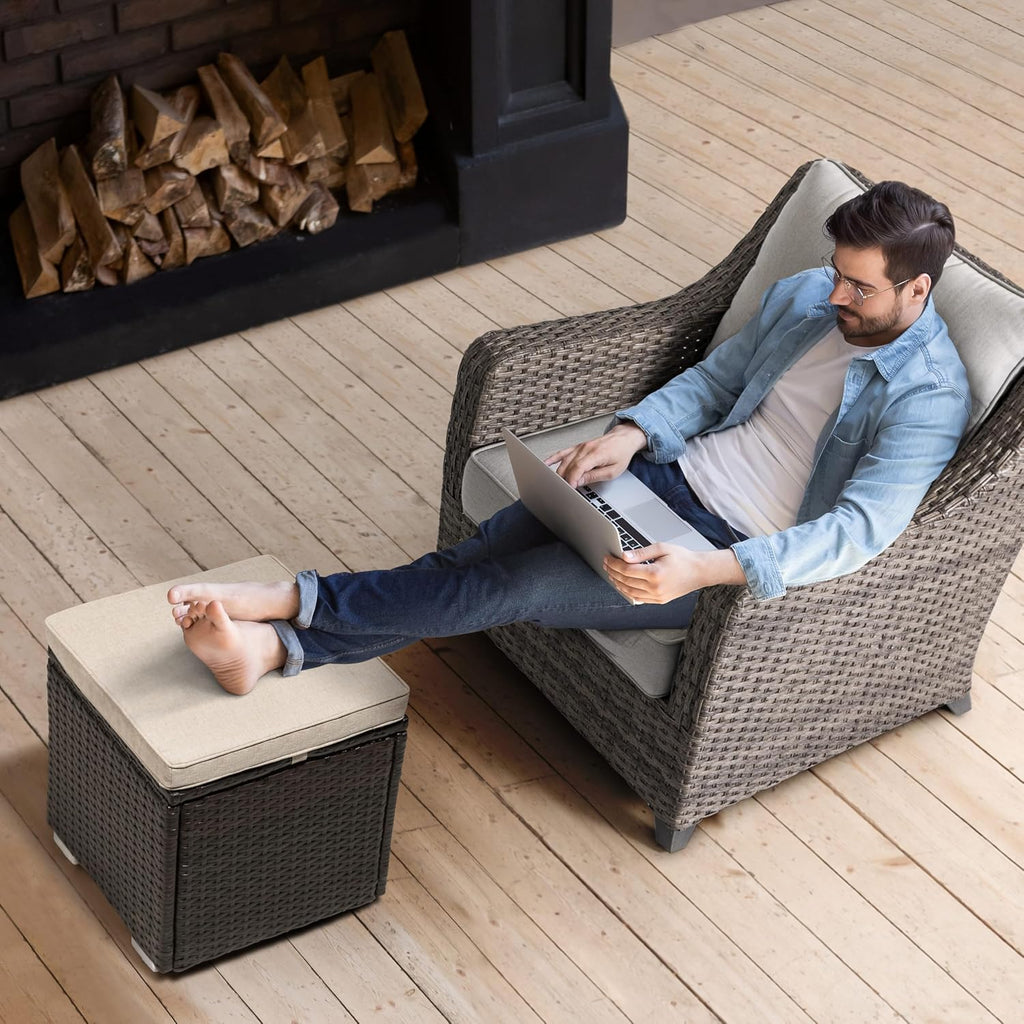 NUU GARDEN Outdoor 2 Piece Outdoor Patio Ottoman, All Weather Rattan Wicker Ottoman Seat, Outdoor Footstool Footrest Seat with Removable Cushion, for Patio, Backyard, Side Table, Black and Beige