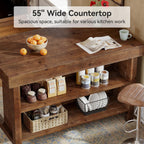 55" Solid Wood Kitchen Island with Storage, Farmhouse Kitchen Island Table with 3-Tier Open Shelves and Large Countertop for Kitchen, Dining & Living Room, Walnut