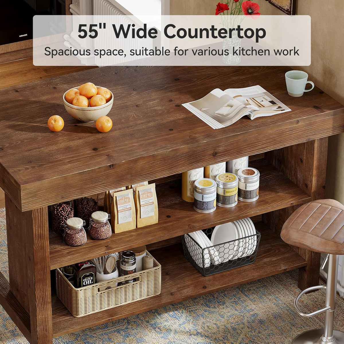 55" Solid Wood Kitchen Island with Storage, Farmhouse Kitchen Island Table with 3-Tier Open Shelves and Large Countertop for Kitchen, Dining & Living Room, Walnut