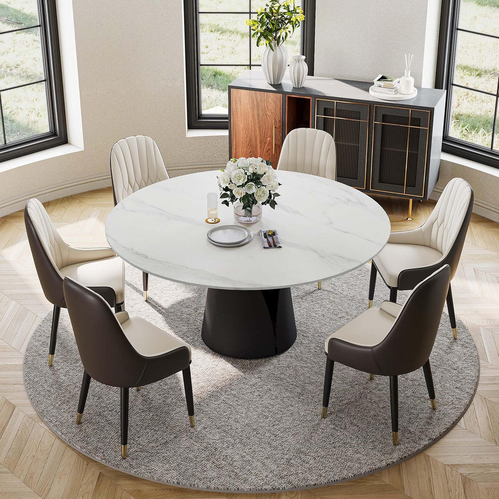 POVISON 59" Modern Round Dining Table, Marble Round Dining Room Table for 6, Matte White Sintered Stone Tabletop with Black Carbon Steel Pedestal, Circle Dining Table for Kitchen Room (Table Only)