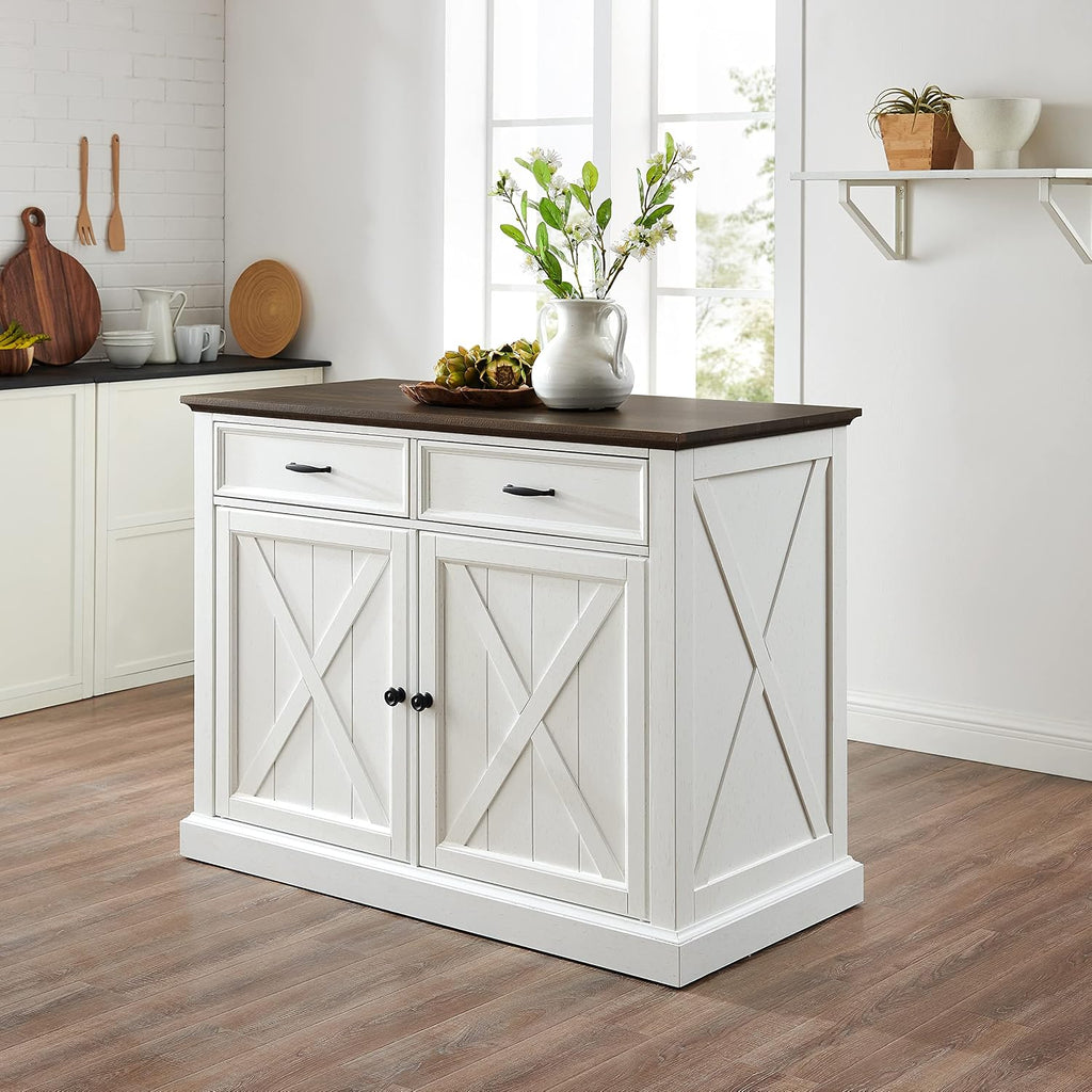 Crosley Furniture Clifton Kitchen Island with Storage Drawers and Shelves, Microwave Stand, Coffee Bar, Distressed White/Black