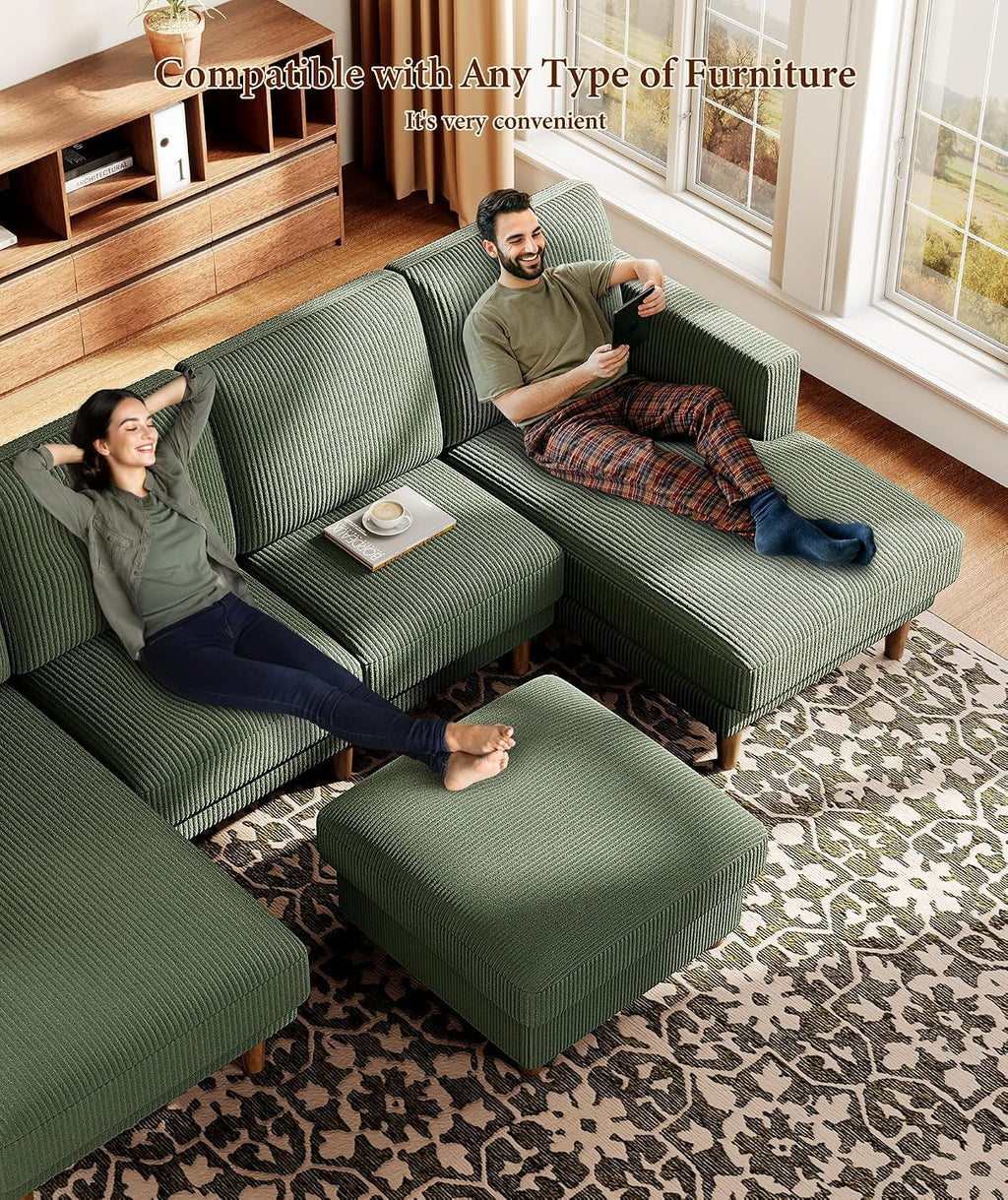 Kidirect Corduroy Ottoman with Storage, 25" Oversize Ottomans, Tool-Free Setup Storage Bench for Bedroom, Solid Wood Foot Rest, Comfy Foot Stool, Square Ottoman Coffee Table for Living Room, Green