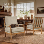 Morden Fort Linen Fabric Spindle Accent Chair with Wood Frame, French Style Accent Chairs with Padded Spring Seat and Armrest Pads, Brushed Base for Living Room Bedroom Farmhouse Office Balcony(Beige)