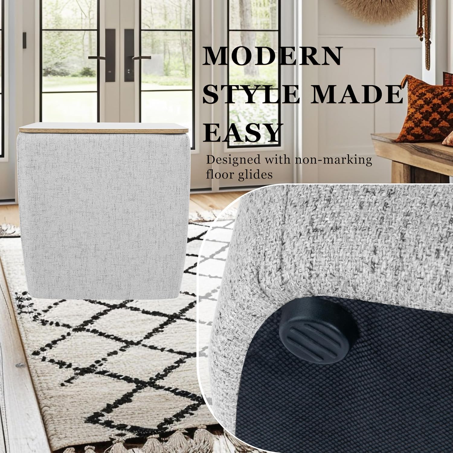 HomePop Home Decor Storage Ottoman with Wood Top|Upholstered Modern Square Storage Ottoman with Storage for Living Room & Bedroom, Stone Gray