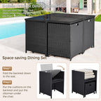 Yaheetech 9-Piece Patio Dining Sets, Outdoor Space Saving Rattan Chairs with Glass Table, Wicker Sectional Conversation Furniture Set with Removeable Cushions, Black/Beige