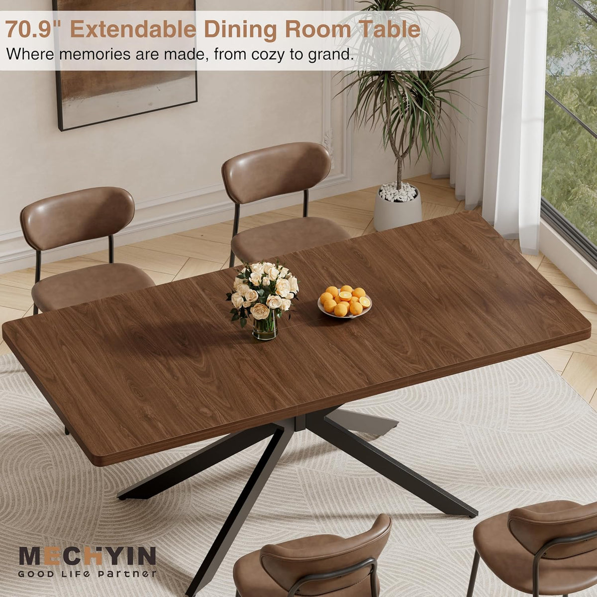 Extendable Dining Room Table for 4 6 8, 55"-70.9" Long Rectangle Kitchen Table,Wood Expandable Dining Table with Butterfly Leaf Self-Storing, Space Saving, For Kitchen Dining Living Room,Modern,Walnut | Simply Flip Leaf Expandable Rectangle Dining