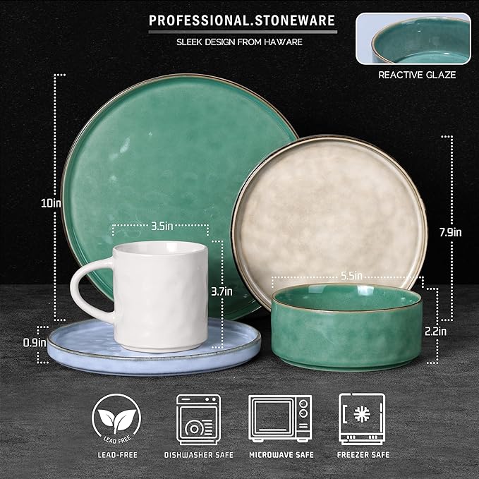 HaWare Dinnerware Sets, 16-Piece Stoneware Plates and Bowls Set, Elegant Ceramic Dish Set for 4, Chip and Scratch Resistant, Microwave and Dishwasher Safe, Multicolor