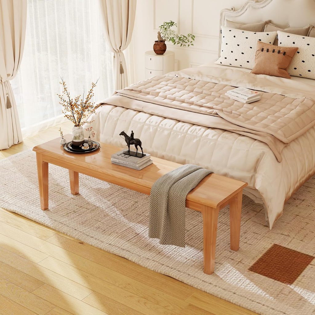 Dining Bench 55.1" Wood Solid Oak Wooden Bed End/Entryway Bench for Bedroom Living Room Kitchen(Nature)