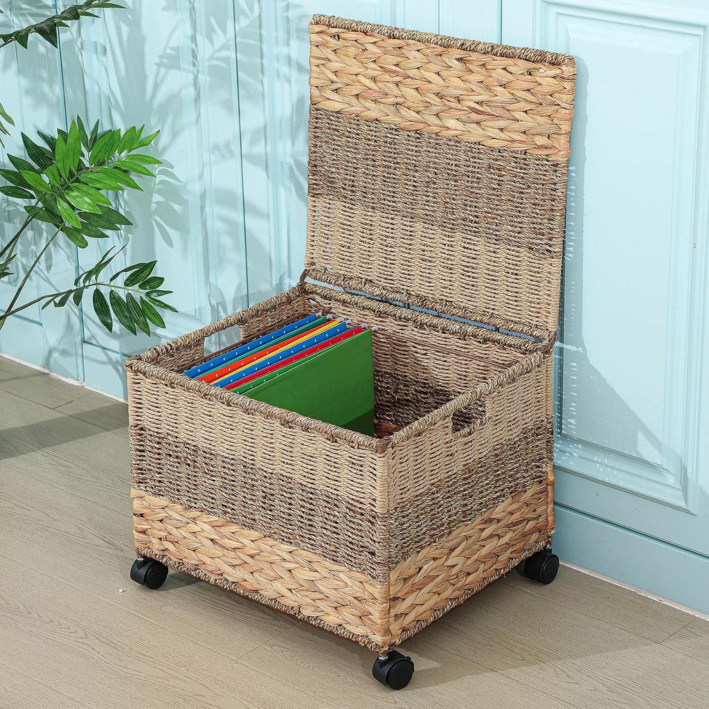 Cinnvoice Decorative Rolling File Cabinet 18 x 16 x 13 in Seagrass Wicker File Box Organizer for Letter & Legal Size Handwoven Hanging Filing Basket with Lid for Folder Home Office Decor Tricolor