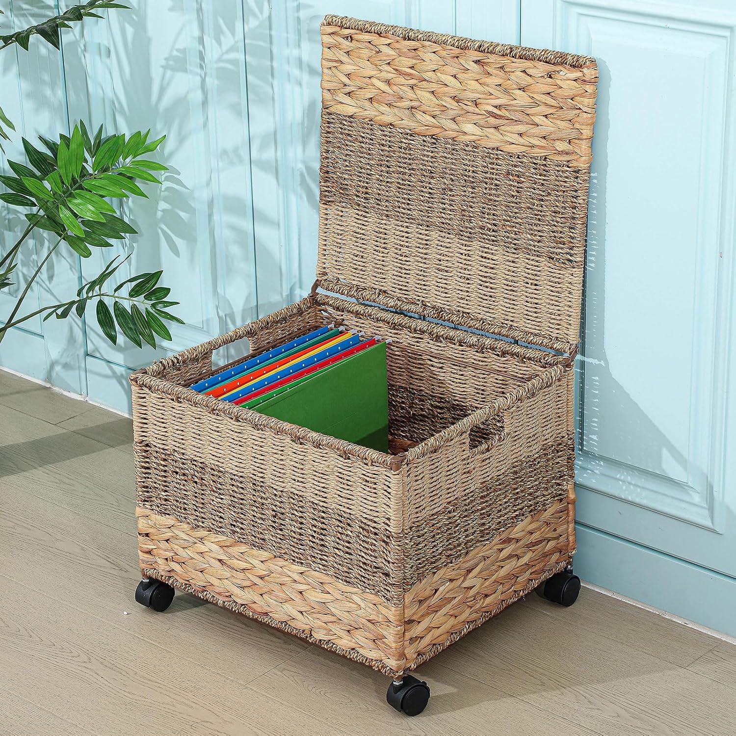 Cinnvoice Decorative Rolling File Cabinet 18 x 16 x 13 in Seagrass Wicker File Box Organizer for Letter & Legal Size Handwoven Hanging Filing Basket with Lid for Folder Home Office Decor Tricolor