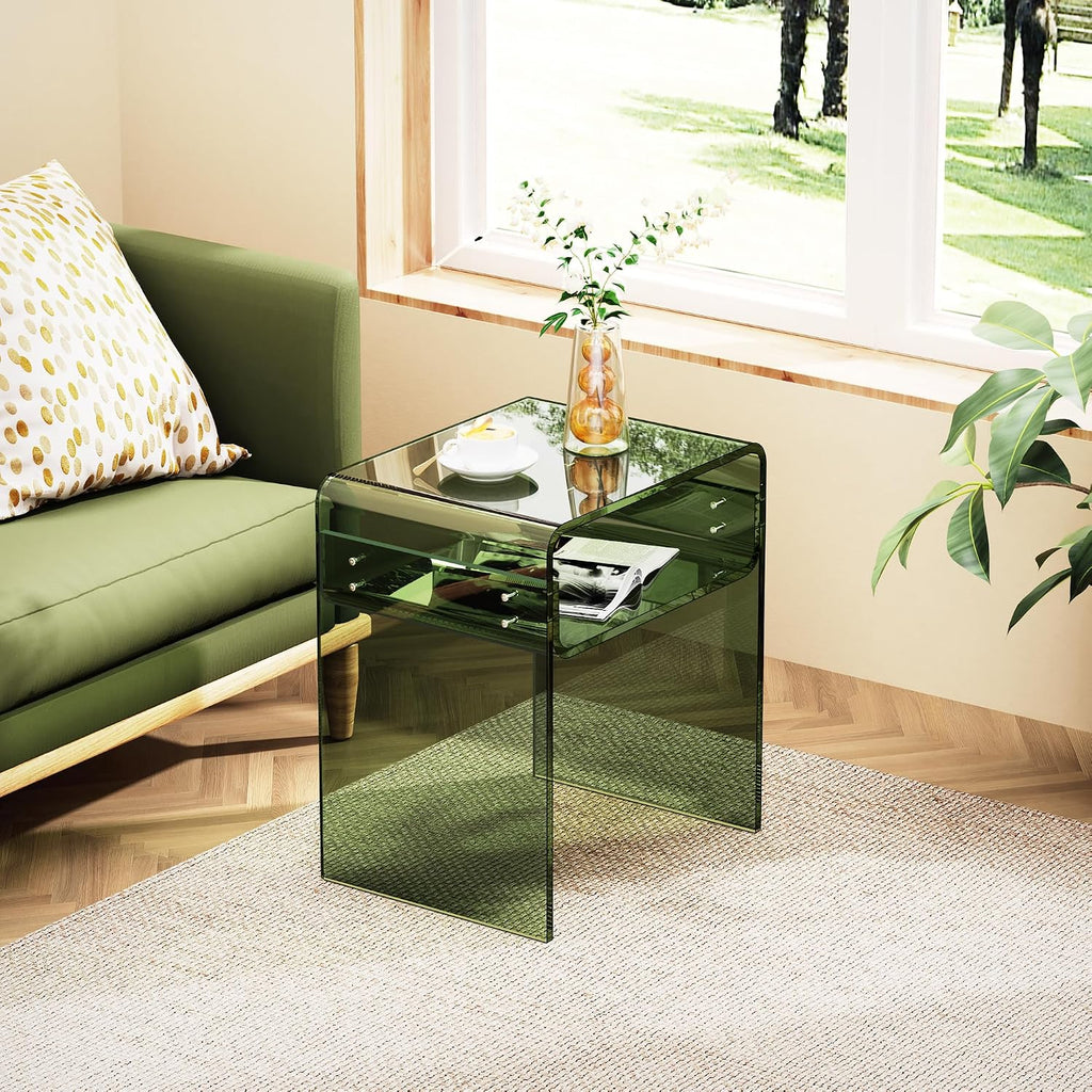 Clear Acrylic End Table 2-Tier Bedside Nightstand for Living Room Bedroom (1, Green Double)