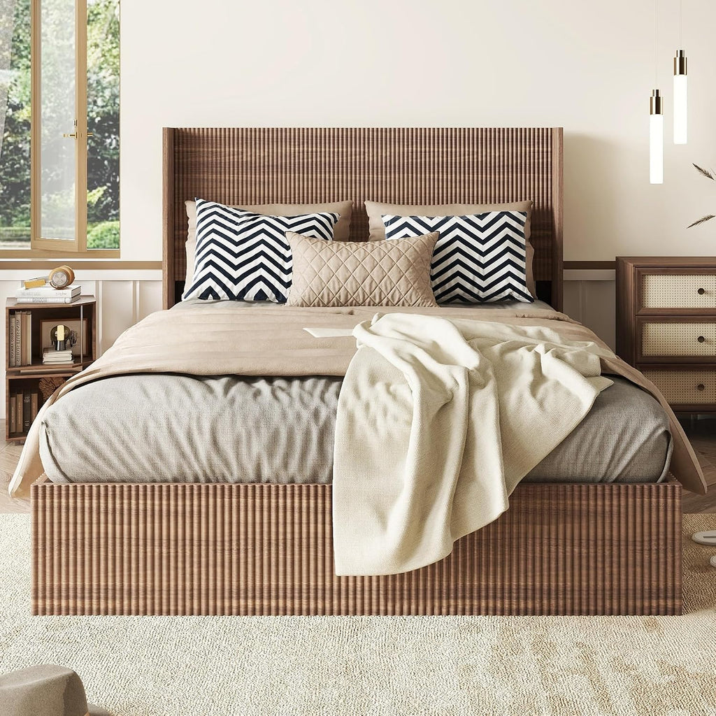 Lift Up Storage Bed Queen Size, Queen Bed Frame with Headboard and Lift Storage System, Wood Headboard with Wing-Back and Convex Groove Board Design
