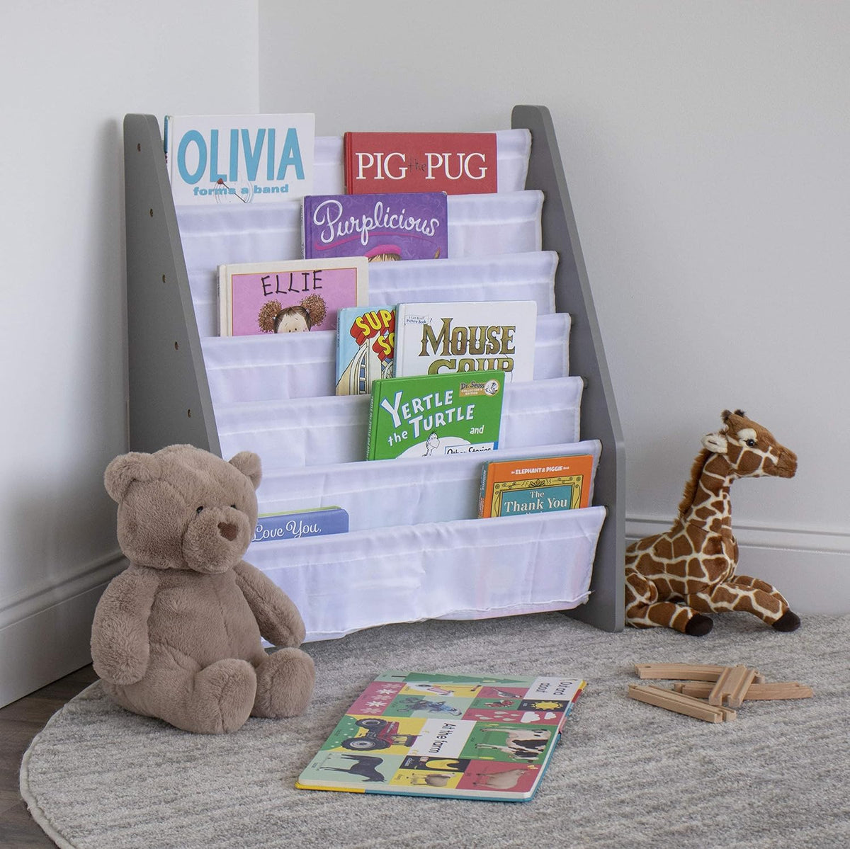 Humble Crew Kids Wood Table and 4 Chair Set, Grey & Kids Super Sized Bookshelf 6 Tier Book Rack Organizer, Grey/White