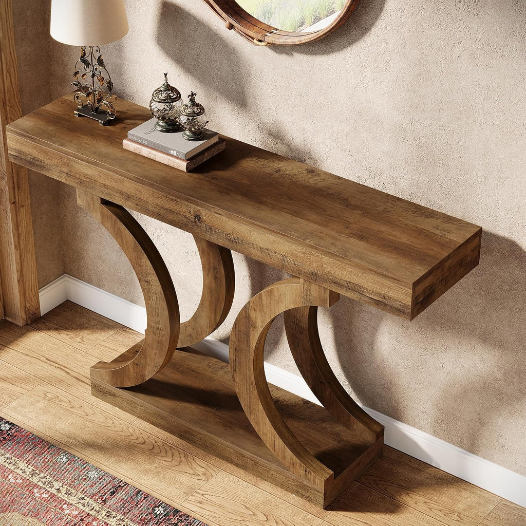 Tribesigns 43-Inch Farmhouse Curved Console Entryway Table for Living Room | 2 Tier Diaplay Space, Unique Curved Base, Adjustable Leg Pads, Sofa Table Behind the Couch,Thickened Sturdy Tabletop