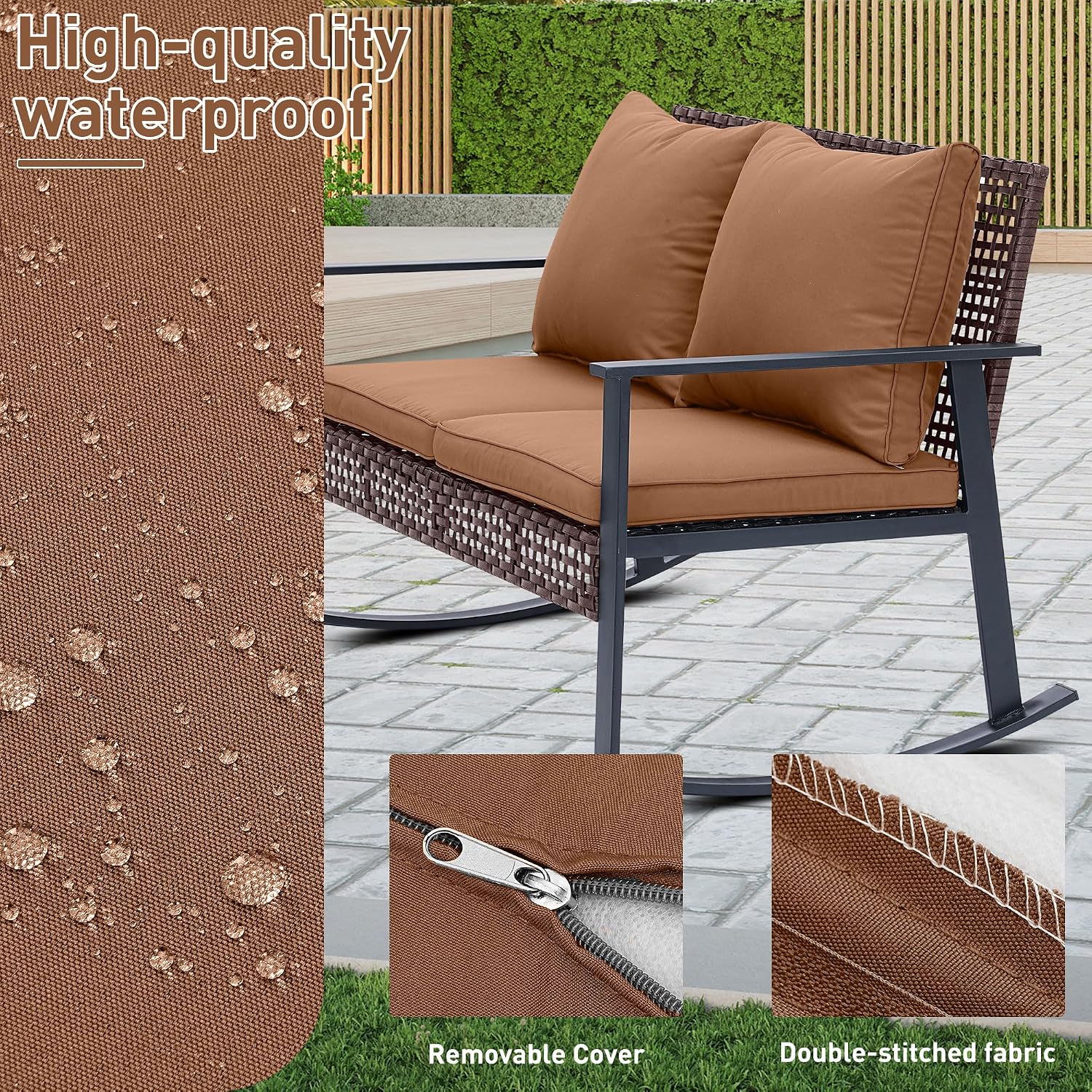Ainfox Outdoor Wicker Loveseat Rocking Chair, Patio Rattan Rocker Chair with Cushions，All-Weather Modern Cozy Rocking Wicker Furniture for Garden Balcony Porch, Brown