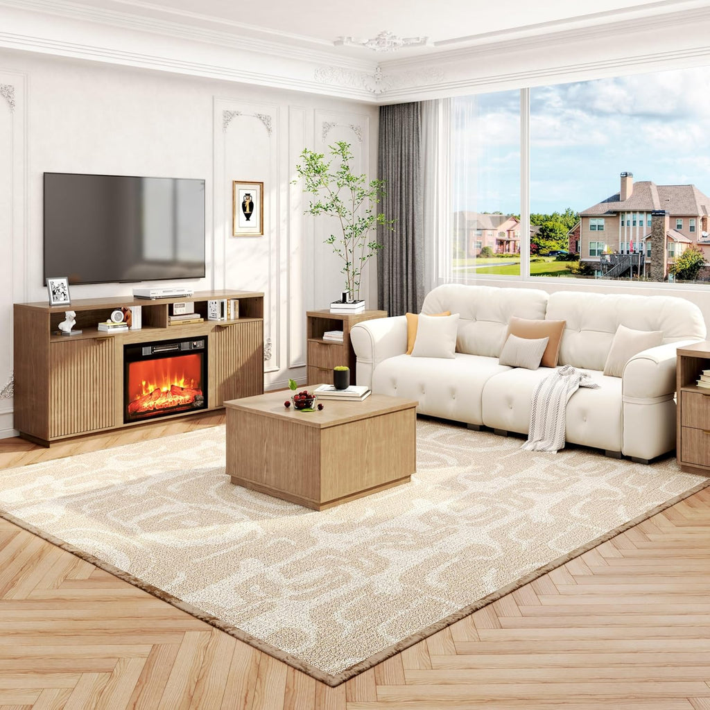 4-Piece Fluted Living Room Set Includes 31.5" Fluted Lift Top Coffee Table,59" Fluted Fireplace TV Stand for TVs Up to 70 inches and 2 Fluted Nightstands with Drawers,Natural Oak