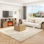 4-Piece Fluted Living Room Set Includes 31.5" Fluted Lift Top Coffee Table,59" Fluted Fireplace TV Stand for TVs Up to 70 inches and 2 Fluted Nightstands with Drawers,Natural Oak