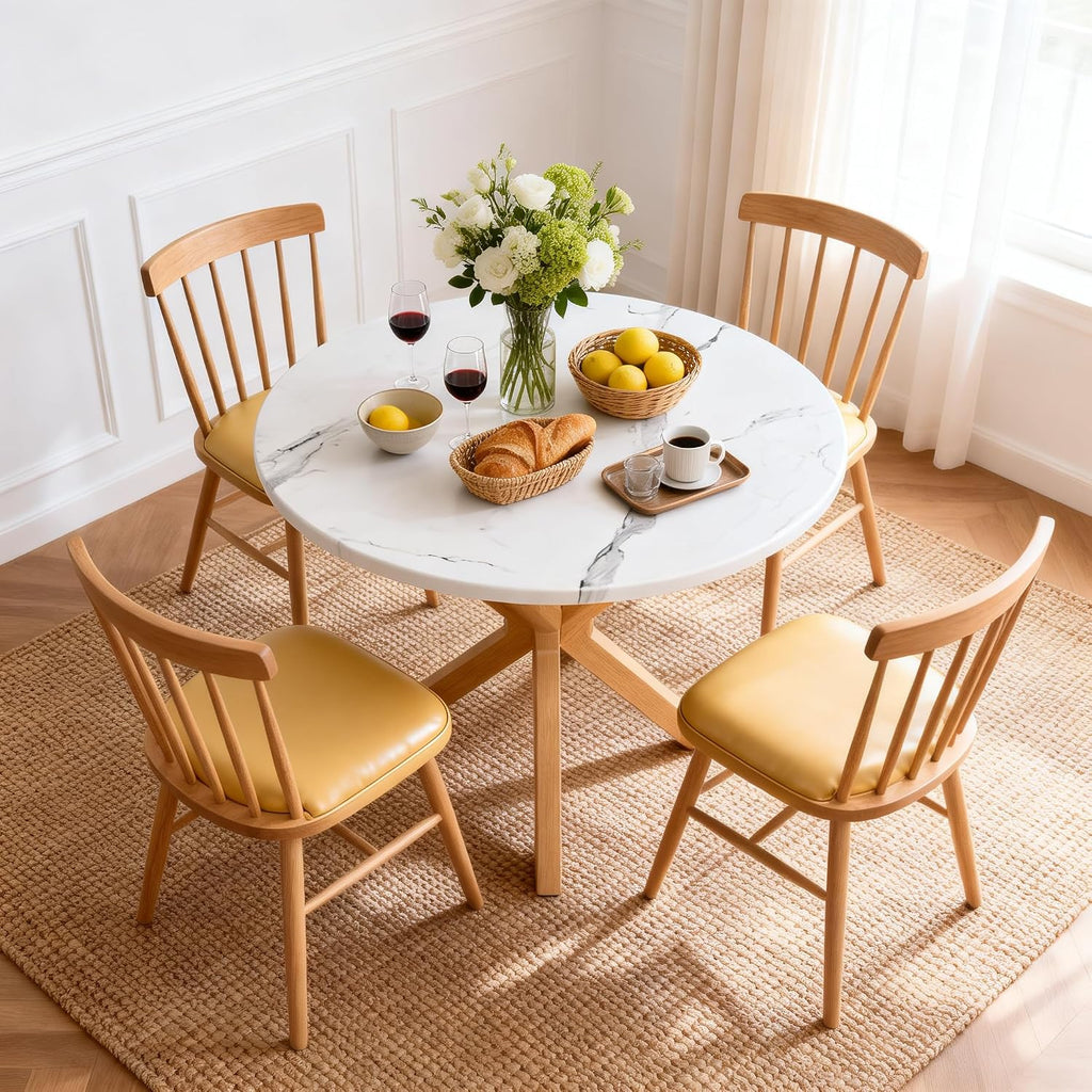 DlandHome Round Dining Table for 4, 39.4 Inches Kitchen Table with X Shaped Wooden Pedestal Base, Circle Dinner Tables for Dining Room, Kitchen, Living Room(Table Only), Marble & Oak Color