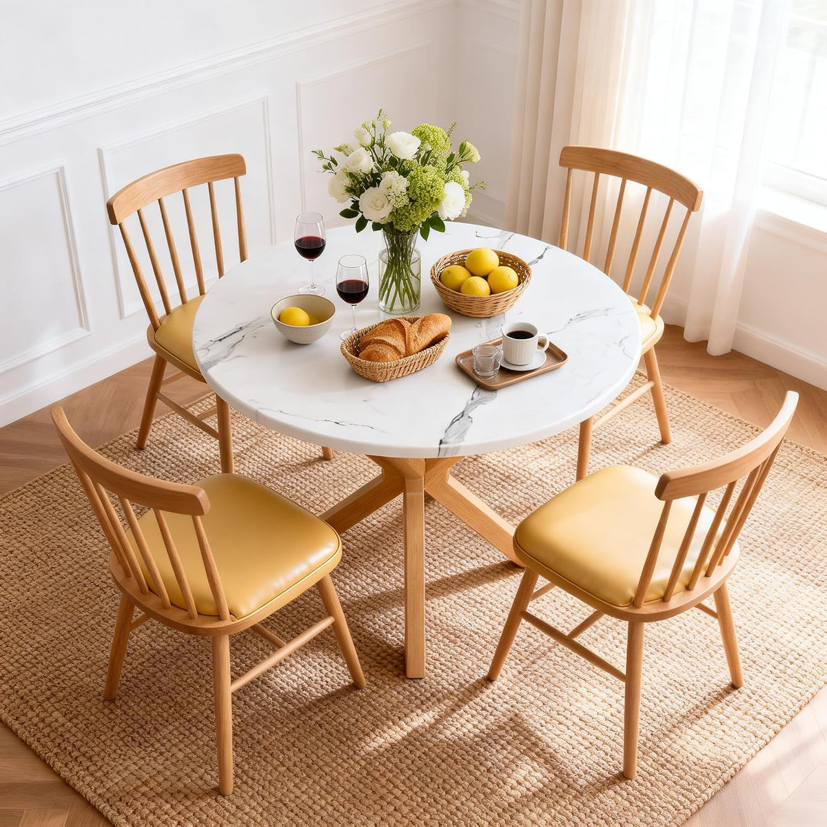 DlandHome Round Dining Table for 4, 39.4 Inches Kitchen Table with X Shaped Wooden Pedestal Base, Circle Dinner Tables for Dining Room, Kitchen, Living Room(Table Only), Marble & Oak Color
