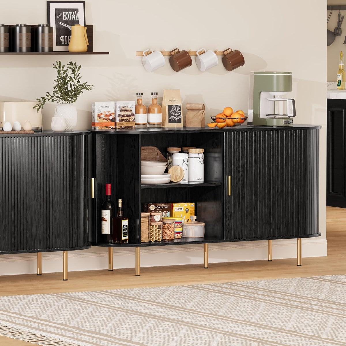 DHH Sideboard Buffet Cabinet with Storage,Mid Century Modern Fluted Accent Coffee Bar Console Table,Tambour Sliding Doors& Adjustable Shelf for Kitchen, Living Room, Entryway(Black, 55 Inch)