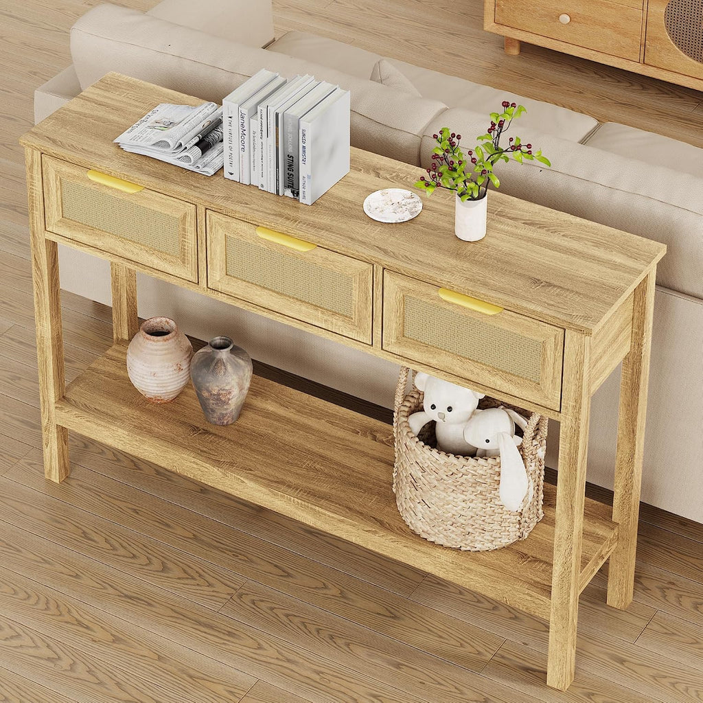 KIGOTY Console Table with Charging Station, Rattan Style Sofa Table Behind The Couch, Farmhouse Entryway Table with 3 Drawers for Hallway, Living Room (Light Yellow, Faux Rattan)