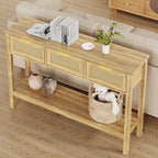 KIGOTY Console Table with Charging Station, Rattan Style Sofa Table Behind The Couch, Farmhouse Entryway Table with 3 Drawers for Hallway, Living Room (Light Yellow, Faux Rattan)