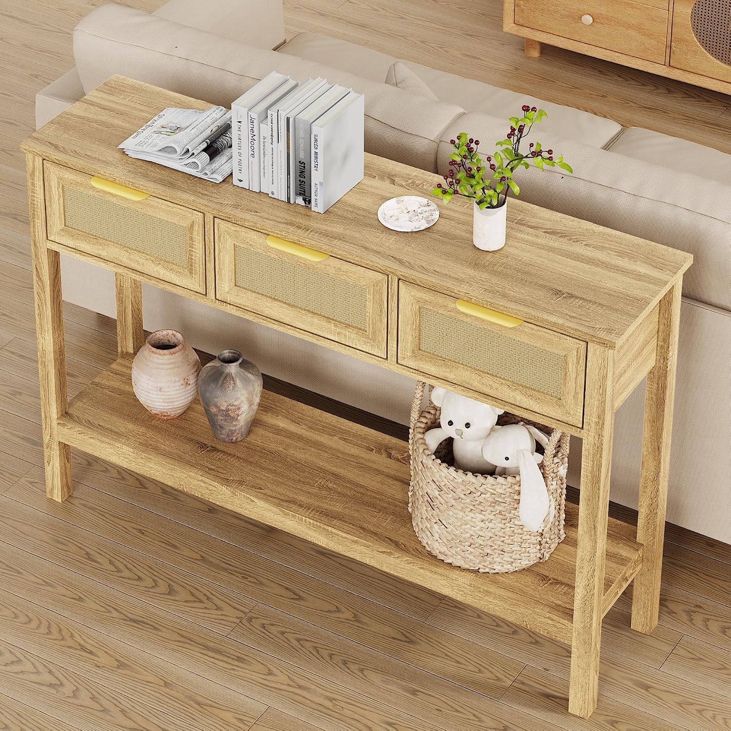 KIGOTY Console Table with Charging Station, Rattan Style Sofa Table Behind The Couch, Farmhouse Entryway Table with 3 Drawers for Hallway, Living Room (Light Yellow, Faux Rattan)