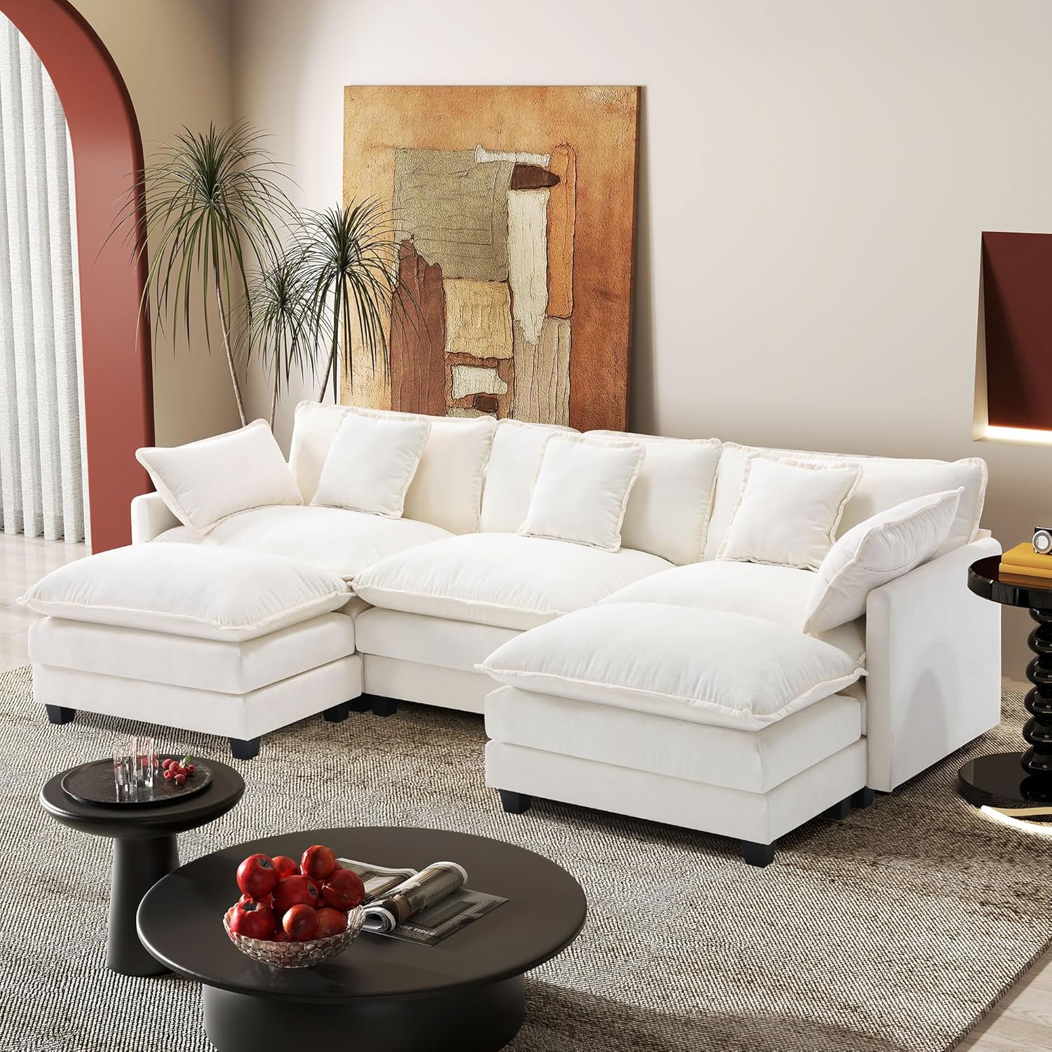 Hanherry Modular Sectional Sofa,Cloud Couch for Living Room,Modern Deep Seat Sofa Chenille Fabric Comfy Couches with Throw Pillows & Movable Ottoman for Apartment