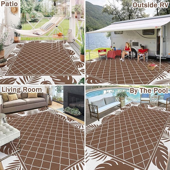Ileading Outdoor Rug Carpet for Patio 8'x10' Waterproof Reversible Plastic Straw Rug Portable Outside Area Rug Camping Mat for Patio, Clearance, Balcony, Picnic, Pool, Beach, RV, Deck, Brown