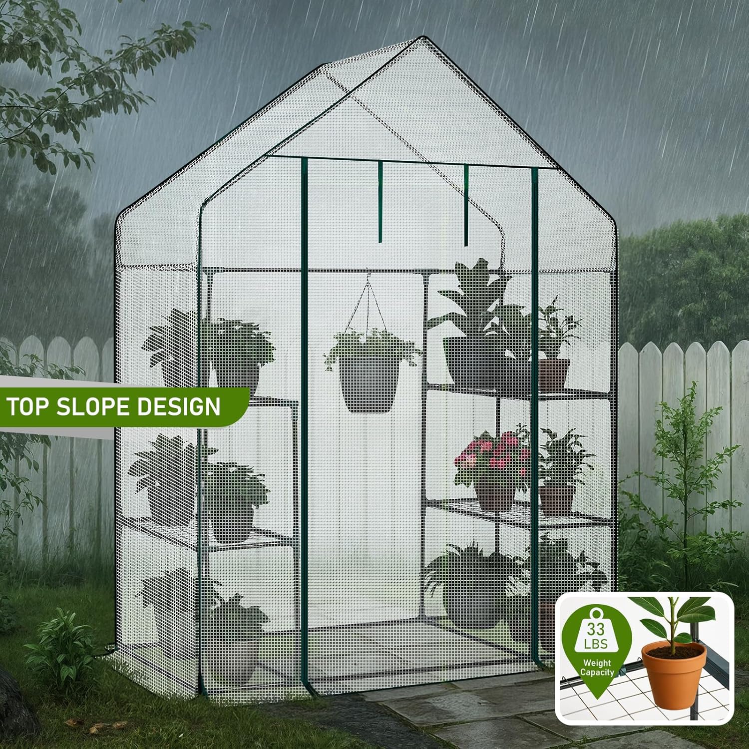 Outvita Walk-in Greenhouse, Outdoor Durable PE Plant Green House for Frost Protection with 3 Tiers 4 Shelves, Shelf Clips, Roll-up Zipper Door, 56"x29"x77" White