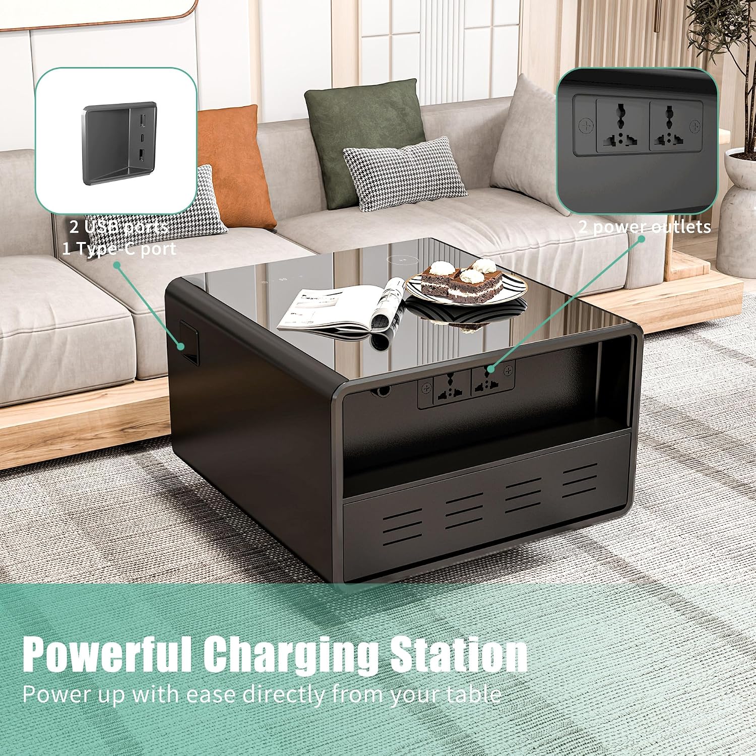 LUMISOL Smart Side Table with Built-in Fridge, Wireless Charging, Temperature Control, Power Socket, USB Ports, Outlet Protection, Induction Light, Black