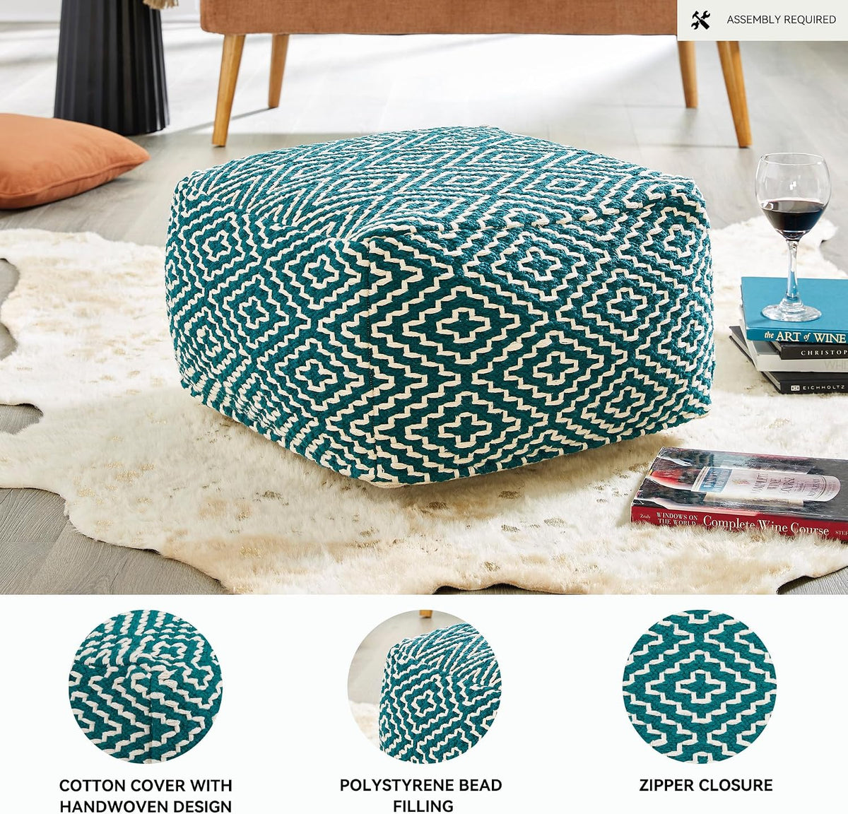 Signature Design by Ashley Brynnsen Casual Handwoven Geometric Pouf, Green & White