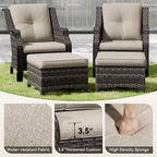 Outdoor Wicker Ottoman Set of 2, Patio Swivel Rattan Ottoman with Thick Cushions, Ideal for Backyard, Garden, Poolside, Beige