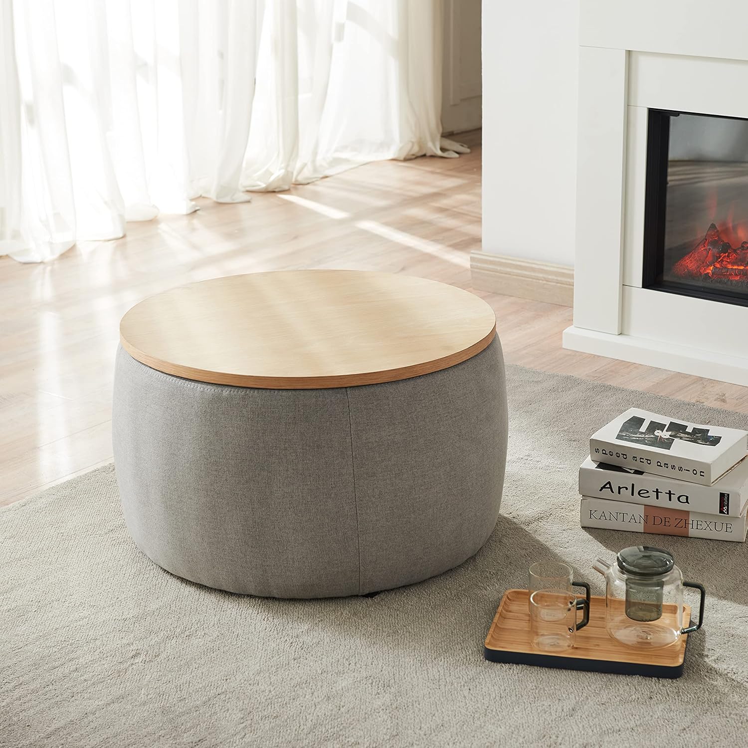 Round Ottoman, Ottoman with Storage, Coffee Table 2 in 1 Function, End Table for Living Room, Hallway, Bedroom (Dark Grey)