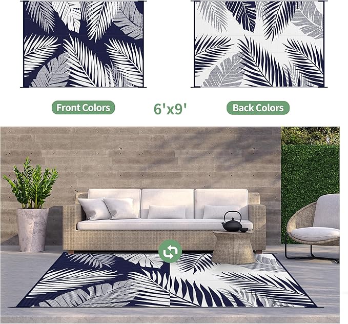GENIMO Outdoor Rug 6' x 9' Waterproof for Patios Clearance, Reversible Outdoor Plastic Straw Camping Rug Carpet, Large Area Rugs Mats for RV, Camper, Deck, Balcony, Porch, Beach, Navy Blue&White